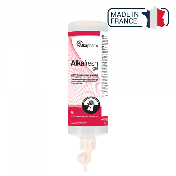 Alkafresh - Gel hydroalcoolique glycériné pour la désinfection des mains - Flacon airless - 1 L - Alkapharm